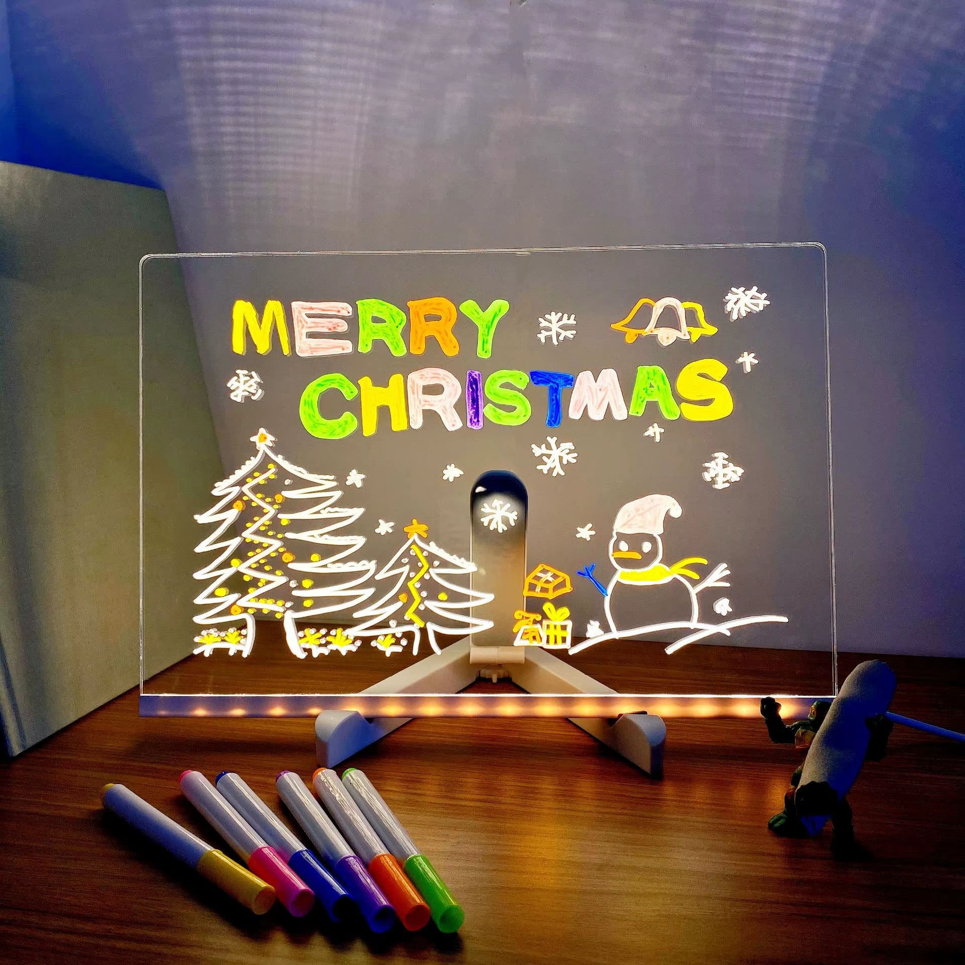 Colorful LED Message Board with Erasable Neon Pens - Clear Glass Writing Surface