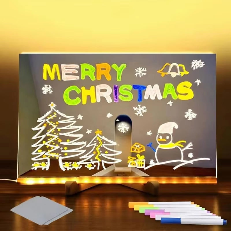 Colorful LED Message Board with Erasable Neon Pens - Clear Glass Writing Surface