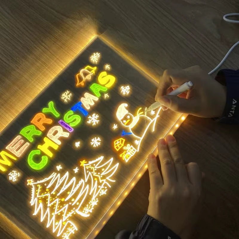 Colorful LED Message Board with Erasable Neon Pens - Clear Glass Writing Surface