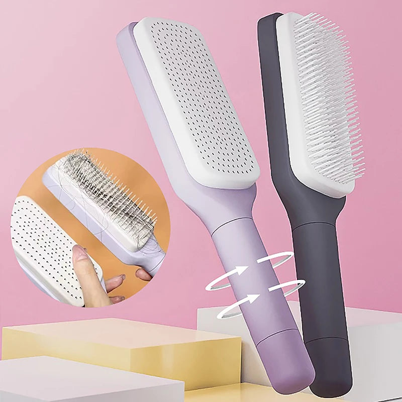 Self-Cleaning Hairbrush for Women with One-Key Cleaning, Anti-Static Features, and Scalp Massage Function