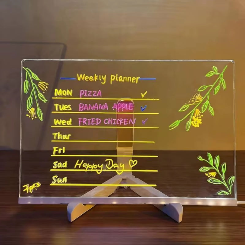 Colorful LED Message Board with Erasable Neon Pens - Clear Glass Writing Surface